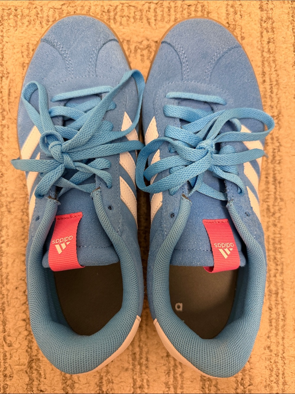 adidas Blue Suede Sneakers with White Stripes and Pink Logo Tab